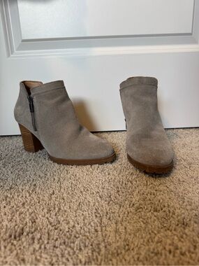 Lucky Brand Suede Ankle Booties in Taupe - Women's Stylish Heeled Boot